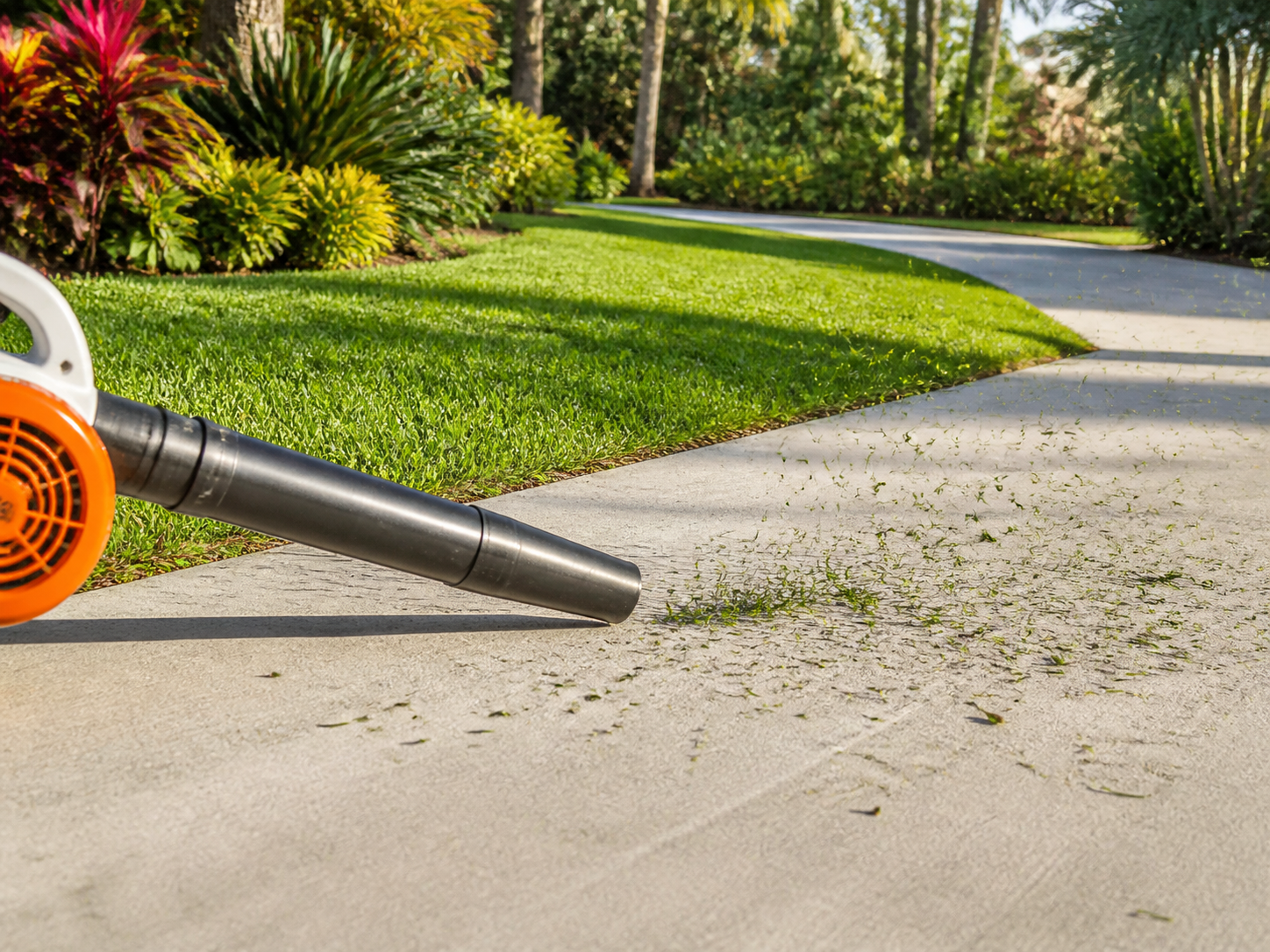 Leaf blower clearing grass clippings from a driveway