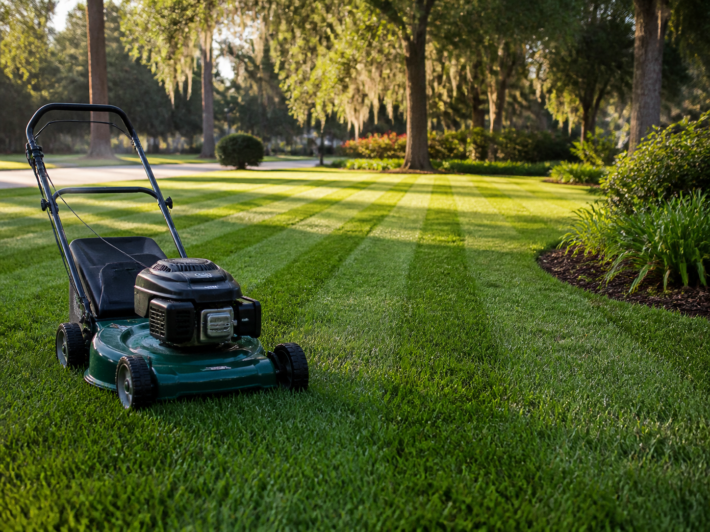 Lawn mower on a freshly cut lawn